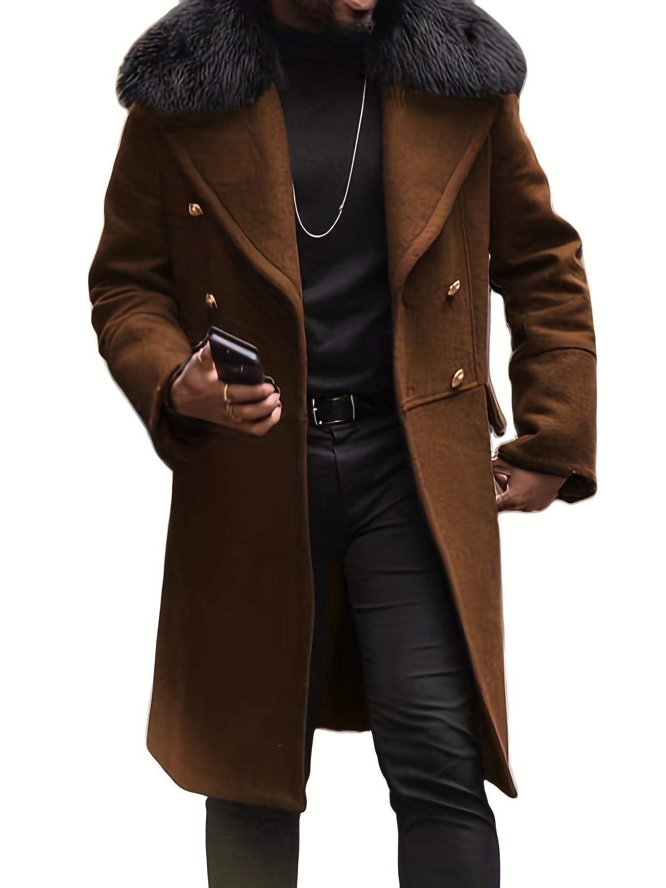 Men's Warm Double Breasted Overcoat, Casual Elegant Faux Woolen Trench ...